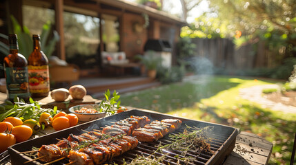 Friends having a barbecue in the backyard.  Copy Space.