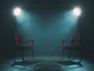 Photography of two red chairs in a dark room lit by spotlights, suitable for use as a background or setting for various scenes and stories