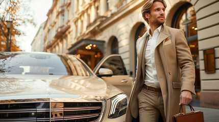 Business executive exiting a luxury sedan.