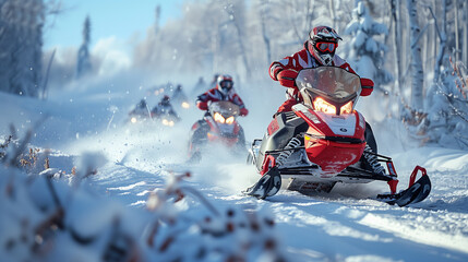Snowmobiles racing on snowy terrain.