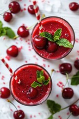 Two glasses filled with fresh cherries and mint leaves, perfect for a summer drink or as a decorative centerpiece