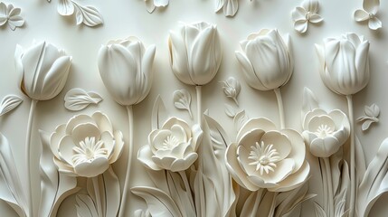 White 3D floral wall decor with tulips and other flowers. Elegant and minimalist design for modern home decor.