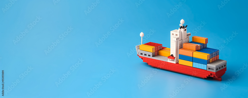 Poster a huge cargo ship unloading containers, isolated on a blue gradient background