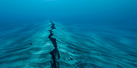 A dramatic underwater fault line with visible cracks and blue ocean water during an earthquake 