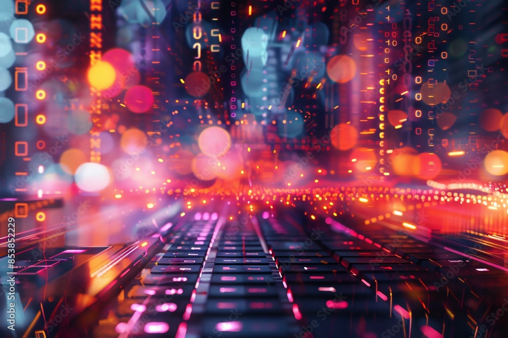 Poster close-up keyboard with numerous illuminated keys