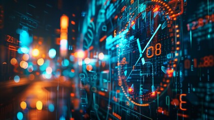 A clock with digital numbers and data points floating around it, symbolizing the speed of technology in an office setting. The background is blurred to emphasize the central element of time