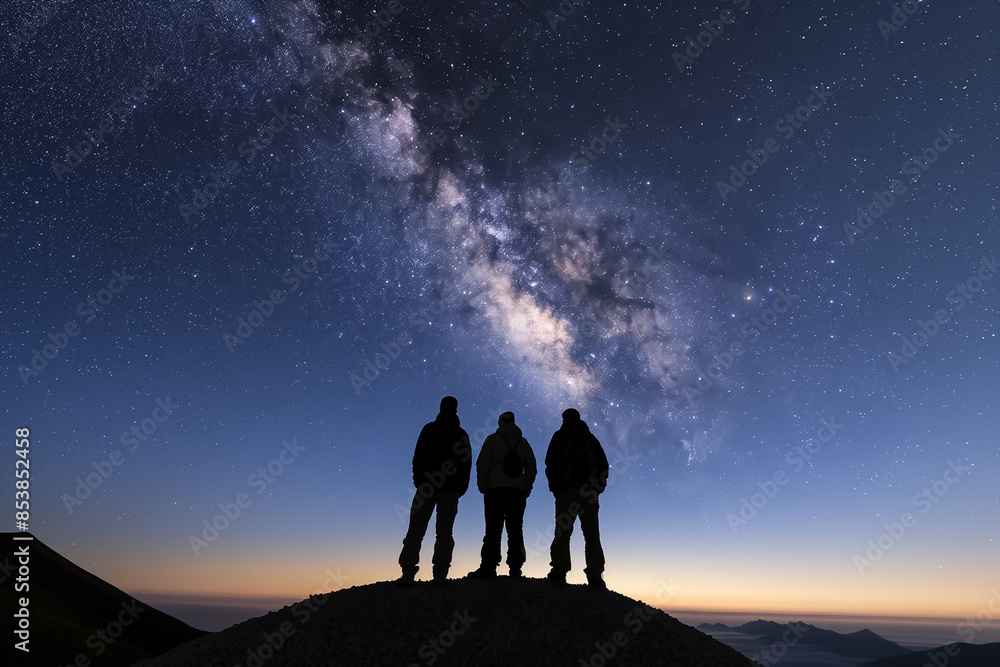 Aufkleber astro-tourists enjoying stargazing at a remote location, background with empty space for text