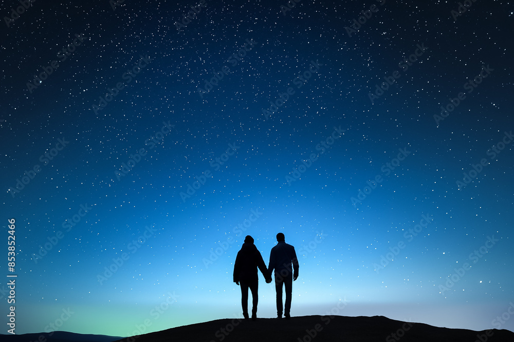 Aufkleber astro-tourists enjoying stargazing at a remote location, background with empty space for text