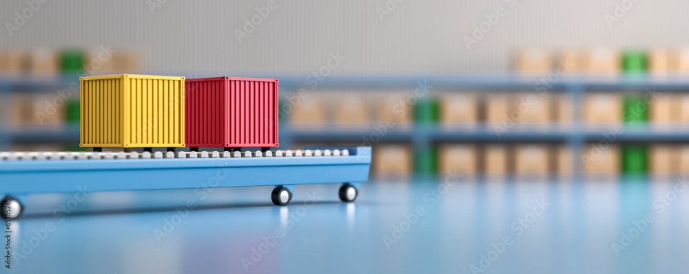Poster automated conveyor system in a logistics warehouse, isolated on a gradient background