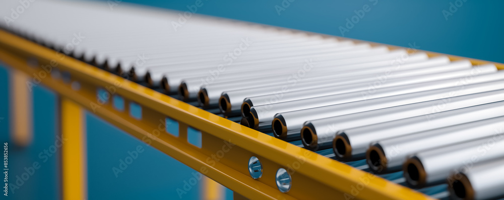 Poster automated conveyor system in a logistics warehouse, isolated on a gradient background