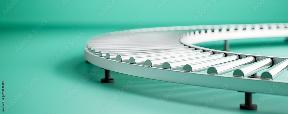 Poster automated conveyor system in a logistics warehouse, isolated on a gradient background