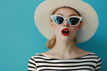 Fototapeta premium Woman in white hat and sunglasses with red lip