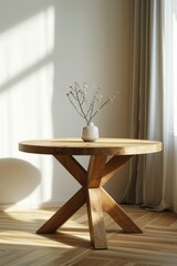 A wooden table with a vase of flowers on it