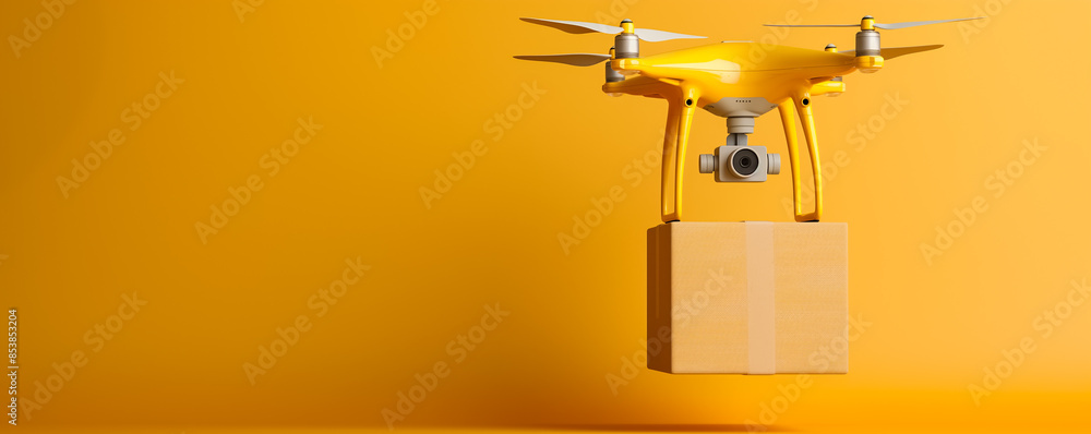 Poster drone carrying a package for delivery, isolated on a gradient background