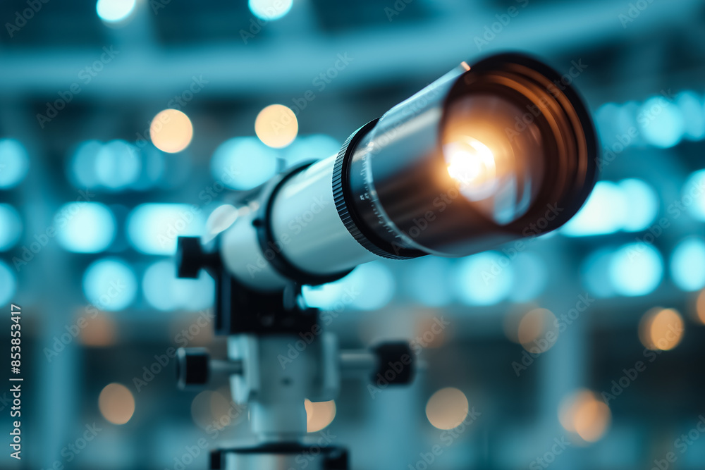 Poster galaxy view through telescope in sky reserve, background with empty space for text