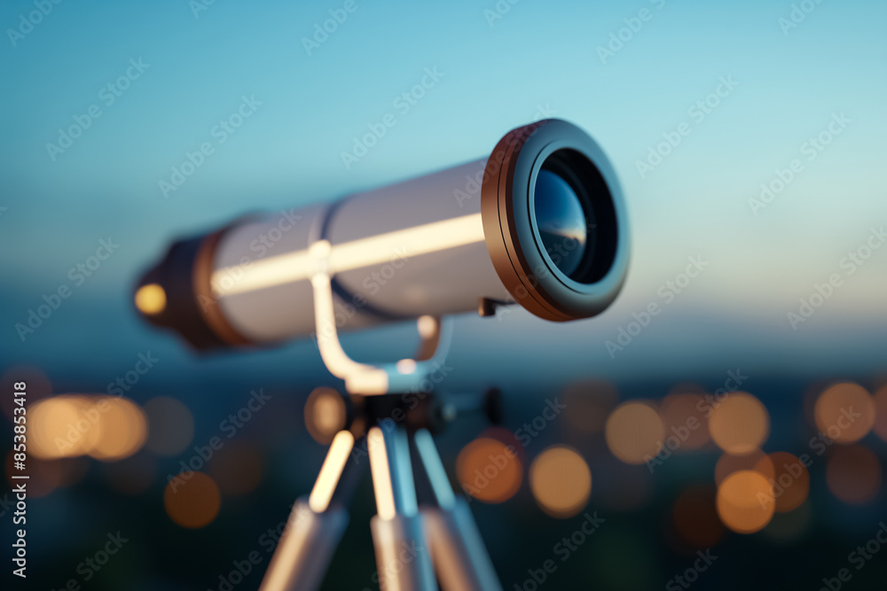 Poster galaxy view through telescope in sky reserve, background with empty space for text
