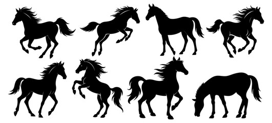 set of black horse silhouettes in different poses. Ink sketch of a horse running, jumping, rearing. Vector isolated on white background