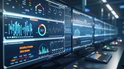 Fototapeta premium A smart city energy analytics dashboard showing real-time data on energy consumption and production, photorealistic, in a high-tech control room, emphasizing smart energy management. 