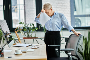 Middle-aged businesswoman with short hair, in blue shirt and black pants, standing in front of desk, feeling unwell during menopause