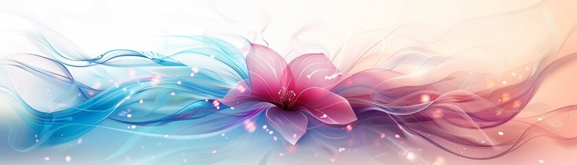 Abstract floral design with blue and pink swirls.