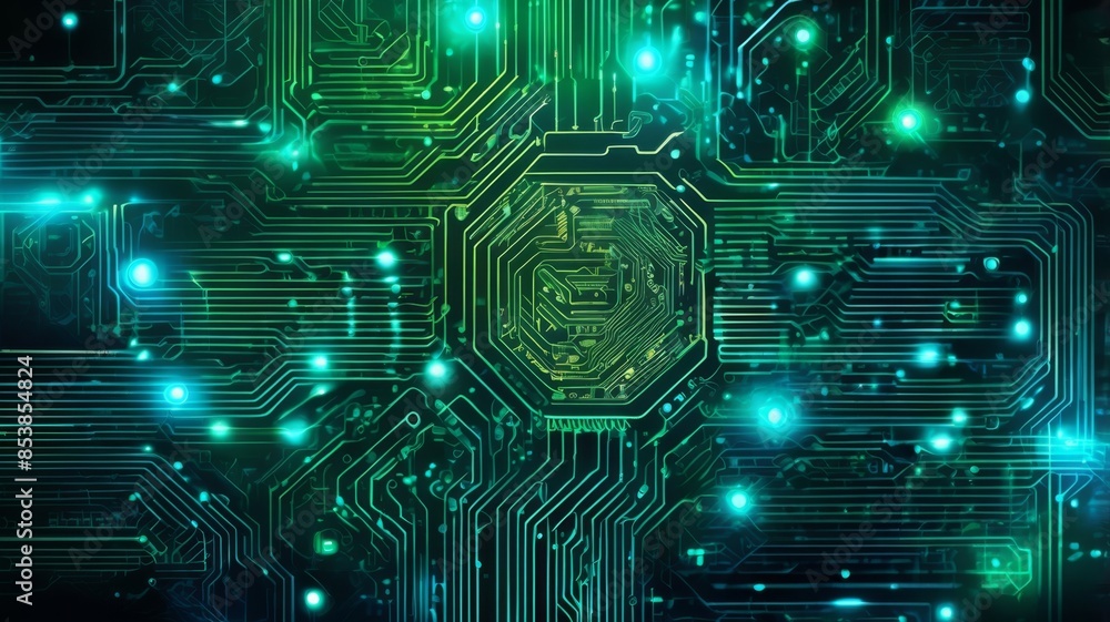 Poster abstract background featuring a detailed circuit board design with glowing pathways and nodes
