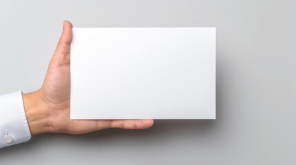 Fototapeta premium Close-up of a hand holding a blank white card against a grey background, perfect for mockups or design presentations.