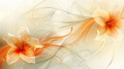 Abstract floral background with two delicate orange flowers and flowing lines in warm colors.