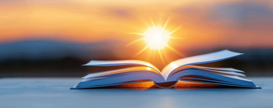 Open book against a beautiful sunset backdrop, symbolizing knowledge, learning, and opportunity with the sun's vivid rays illuminating the pages.