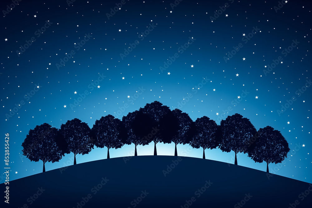 Poster silhouetted trees under a starry sky trail, background with empty space for text