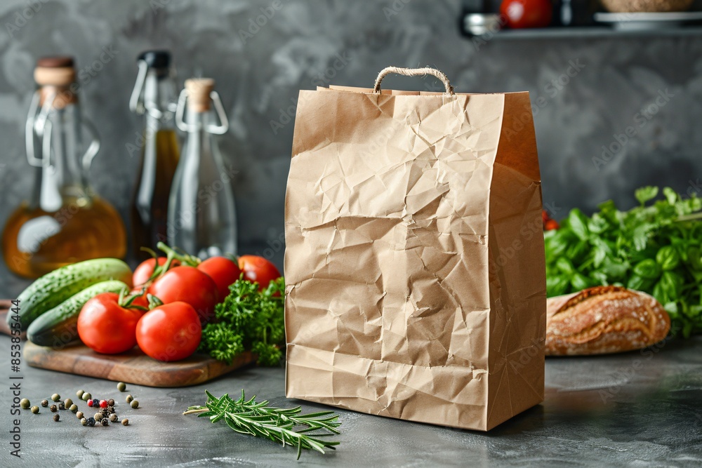 Poster paper bag holding assorted vegetables and fragrant spices on counter