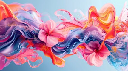 Fototapeta premium Abstract colorful smoke with pink flowers, flowing and swirling, against a blue background.
