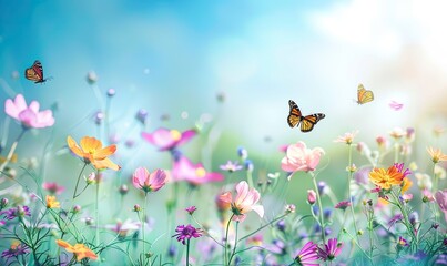 Obraz premium A vibrant meadow filled with blooming wildflowers and butterflies fluttering, creating a beautiful and serene springtime scene.