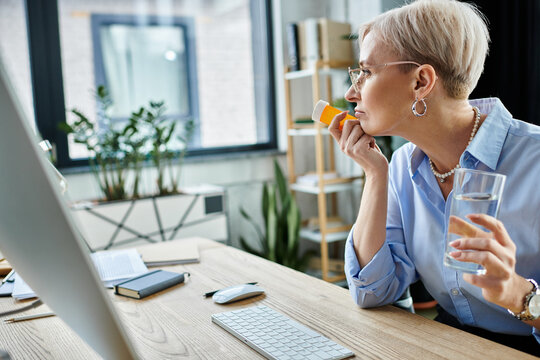 A middle-aged businesswoman during menopause sits at a desk with a glass of water in front of her.