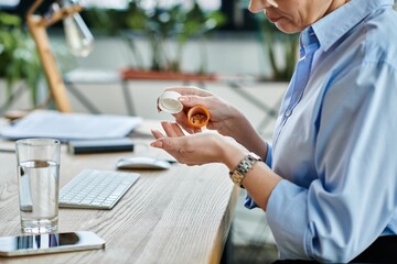 A middle-aged businesswoman sits at a table, taking pill during menopause