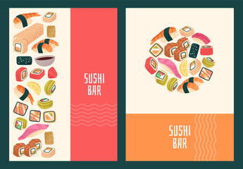 Design of template of vertical posters with frame, different sushi. Decoration of Japanese restaurant of seafood. Asian cuisine, food- rolls with fish, salmon, rice, tempura. Flat vector illustrations