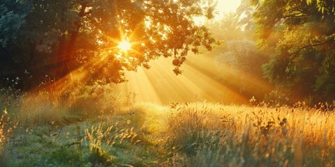 A sunny day in a field with sunlight peeking through tree branches, great for backgrounds or outdoor scenes