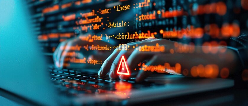 Close up of hands typing on a laptop with floating code and warning symbols, representing cybersecurity and hacking concepts.