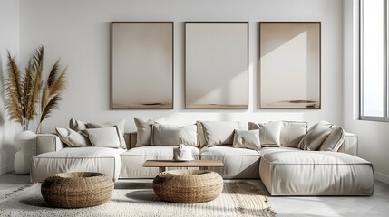 3 large thick white wooden picture frames hanging on the wall in front of the sofa, neutral colors and tones, a simple minimalist modern living room with a Scandinavian design style.
