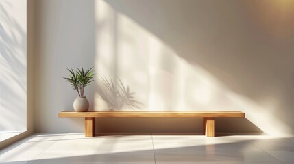 A wooden bench with a potted plant on it sits in a room with a white wall