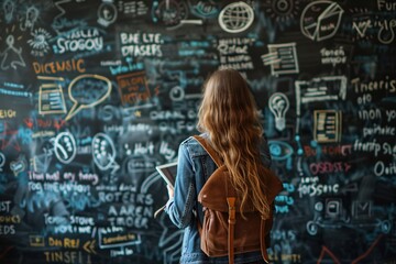 Serious woman next to wall with chalk drawings