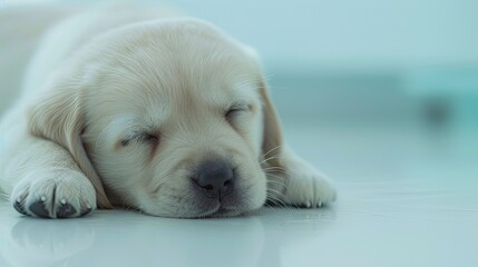 Cute golden Labrador puppy sleeping peacefully on a white floor, showcasing the tranquil moment of a young dog in deep rest.