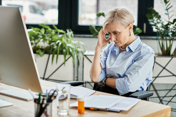 Middle-aged businesswoman with short hair works diligently at her desk in front of a computer during menopause.