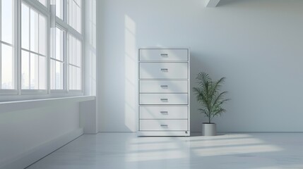 A white dresser with six drawers sits in a room with a large window