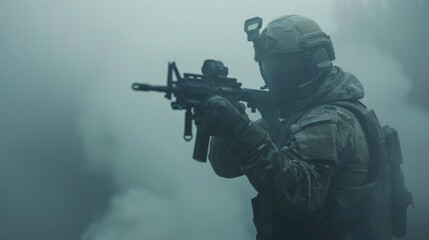 Fototapeta premium Portrait of a soldier in tactical gear with a weapon in the fog. Military man on a mission with a rifle. Concept of weapons, war.