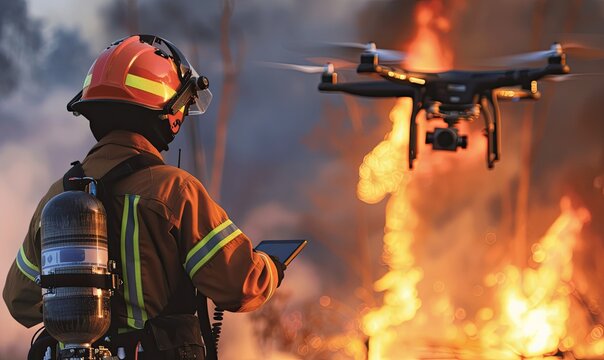 Firefighter controls drone near blazing fire, illustrating modern firefighting technology and emergency response strategy.