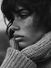Close-up Portrait of Young Woman in Knitted Sweater, Monochrome
