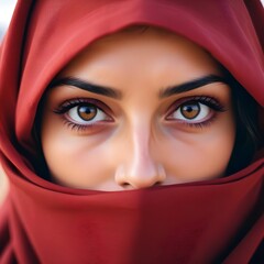 Fototapeta premium Arabic afghan arabian woman in traditional red hijab headwear close up portrait