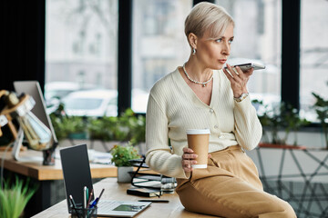 Middle-aged businesswoman with short hair sitting at a table, savoring a cup of coffee in a modern office setting.