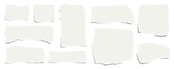 Elongated horizontal set of torn pieces of paper isolated on a white background. Paper collage. Vector illustration.