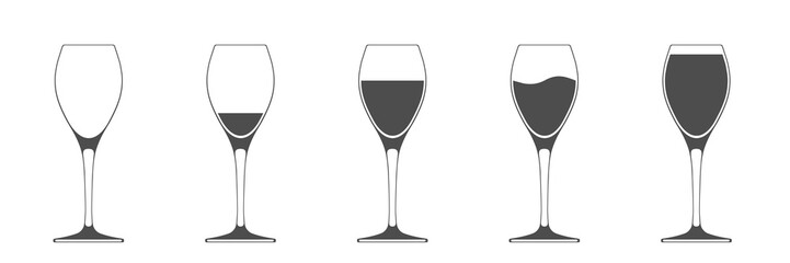 Set of glasses of wine from empty to full isolated on white background.